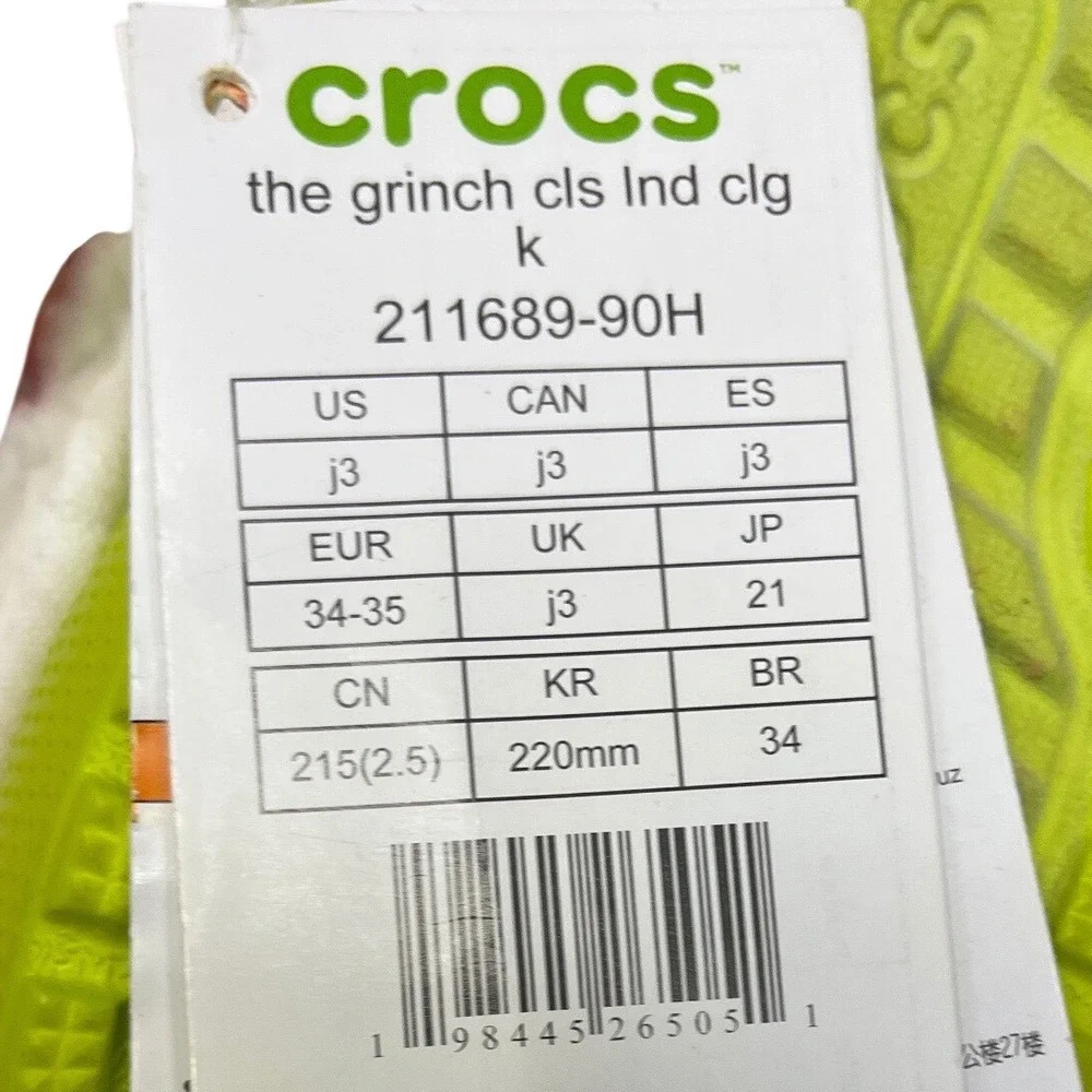 Crocs Kids Classic Lined Grinch Clog Green Red White J3 211689-90H